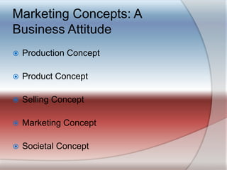 Marketing Concepts: A Business AttitudeProduction ConceptProduct ConceptSelling ConceptMarketing ConceptSocietal Concept