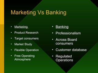 Marketing Vs Banking Marketing  Product Research  Target consumers Market Study Flexible Operation Free Operating Atmosphere Banking   Professionalism Across Board consumers Customer database Regulated Operations 