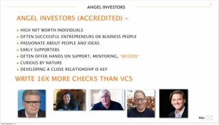 12 
ANGEL INVESTORS 
ANGEL INVESTORS (ACCREDITED) - 
• HIGH NET WORTH INDIVIDUALS 
• OFTEN SUCCESSFUL ENTREPRENEURS OR BUSINESS PEOPLE 
• PASSIONATE ABOUT PEOPLE AND IDEAS 
• EARLY SUPPORTERS 
• OFTEN OFFER HANDS ON SUPPORT, MENTORING, *ACCESS* 
• CURIOUS BY NATURE 
• DEVELOPING A CLOSE RELATIONSHIP IS KEY 
WRITE 16X MORE CHECKS THAN VCS 
Friday, December 12, 14 
 
