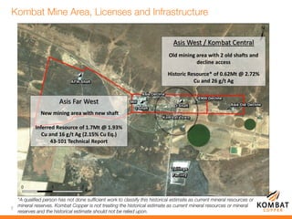 7
Asis Far West
New mining area with new shaft
Inferred Resource of 1.7Mt @ 1.93%
Cu and 16 g/t Ag (2.15% Cu Eq.)
43-101 Technical Report
Asis West / Kombat Central
Old mining area with 2 old shafts and
decline access
Historic Resource* of 0.62Mt @ 2.72%
Cu and 26 g/t Ag
 