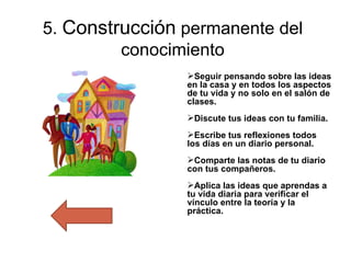 5.  Construcción  permanente del conocimiento Seguir pensando sobre las ideas en la casa y en todos los aspectos de tu vida y no solo en el salón de clases. Discute tus ideas con tu familia. Escribe tus reflexiones todos los días en un diario personal. Comparte las notas de tu diario con tus compañeros. Aplica las ideas que aprendas a tu vida diaria para verificar el vínculo entre la teoría y la práctica. 