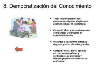 8. Democratización del Conocimiento Todos los participantes son colaboradores iguales y legítimos a pesar de su lugar en la jerarquía. Compartir ideas y pensamientos con co mpañeros y profesores en espacios informales . Presentar ideas durante el trabajo de grupo y en las plenarias grupales. Compartir notas, diario, apuntes, etc. con los compañeros y cordinadores de proyectos y trabajos grupales así como con los profesores . 