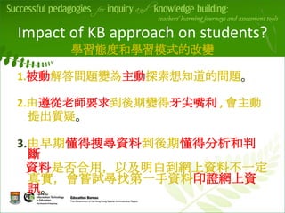 Impact of KB approach on students?
       學習態度和學習模式的改變

1.被動解答問題變為主動探索想知道的問題。

2.由遵從老師要求到後期變得牙尖嘴利 , 會主動
            v
  提出質疑。

3.由早期懂得搜尋資料到後期懂得分析和判
  斷
  資料是否合用，以及明白到網上資料不一定
  真實，會嘗試尋找第一手資料印證網上資
  訊。
 