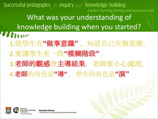 What was your understanding of
 knowledge building when you started?

1.使學生有“做事意識” ，知道自己在做甚麼。
2.要讓學生有一段“模糊階段” 。
             v
3.老師的觀感會主導結果，老師要小心處理。
4.老師的角色是“導” ，學生的角色是“演”
 