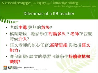 Dilemmas of a KB teacher

• 老師主導 與無的放矢?
• 模糊階段—應給學生討論多久？老師在甚麼
            v
  時候介入?
• 語文老師的核心任務:高階思維 與教授語文
  能力?
• 課程組織: 課文的學習可讓學生持續建構知
  識嗎?
 