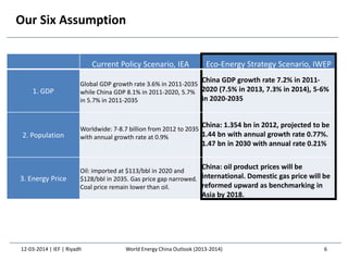 Our Six Assumption
Current Policy Scenario, IEA Eco-Energy Strategy Scenario, IWEP
1. GDP
Global GDP growth rate 3.6% in 2011-2035
while China GDP 8.1% in 2011-2020, 5.7%
in 5.7% in 2011-2035
China GDP growth rate 7.2% in 2011-
2020 (7.5% in 2013, 7.3% in 2014), 5-6%
in 2020-2035
2. Population
Worldwide: 7-8.7 billion from 2012 to 2035
with annual growth rate at 0.9%
China: 1.354 bn in 2012, projected to be
1.44 bn with annual growth rate 0.77%.
1.47 bn in 2030 with annual rate 0.21%
3. Energy Price
Oil: imported at $113/bbl in 2020 and
$128/bbl in 2035. Gas price gap narrowed.
Coal price remain lower than oil.
China: oil product prices will be
international. Domestic gas price will be
reformed upward as benchmarking in
Asia by 2018.
12-03-2014 | IEF | Riyadh 6World Energy China Outlook (2013-2014)
 