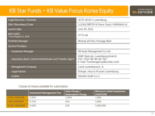 KB Star Funds – KB Value Focus Korea Equity
15
Investment Management Fee
Sales Charge /
Redemption Charge
Minimum initial investment
(USD/EUR)
A ACC USD/EUR 2.00% 5.00% 1,000
I ACC USD/EUR 0.75% N/A 5,000
I2 ACC USD/EUR 0.50% N/A 5,000,000
Legal Structure / Domicile UCITS SICAV / Luxemboug
ISIN / Bloomberg Ticker LU1361298729 (X Share Class) / KBVKXAU LX
Launch date June 20, 2016
NAV (USD)
* As of August 31, 2018
57.72 mil
Portfolio Manager Woong-pil Choi, Younggu Nam
Service Providers
Investment Manager KB Asset Management Co Ltd
Depositary Bank, Central Administrator and Transfer Agent:
HSBC Bank plc, Luxembourg branch
(Tel: +352-40-46-46-767,
E-mail: Transferagency@lu.hsbc.com)
Management Company Carne Luxembourg S. A.
Legal Advisor Elvinger, Hoss & Prussen Luxembourg
Auditor Deloitte Audit S.à r.l.
Classes of shares available for subscription
 