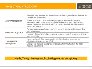 Investment Philosophy
4
Active Management
The aim is to achieve excess returns based on thorough fundamental research &
concentrated investment.
Research capability is much stressed: sector managers are in charge of
investment universe and model portfolio. They conduct their own company
analyses and invest with conviction. The focus is on stock selection based on
bottom-up approach.
Long-term Approach
Portfolios are managed based on a long-term perspective rather than a short-
term momentum.
Managers decide to invest preemptively based on research focusing on a long-
term perspective.
Thorough Risk
Management
Market and credit risks are constantly monitored so that upcoming and
subsequent changes are identified.
Changes are met with appropriate responses while the effect on the stock
holdings is examined.
Cutting Through the noise – a disciplined approach to stock picking
 
