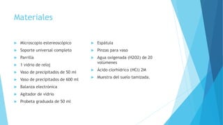 Materiales
 Microscopio estereoscópico
 Soporte universal completo
 Parrilla
 1 vidrio de reloj
 Vaso de precipitados de 50 ml
 Vaso de precipitados de 600 ml
 Balanza electrónica
 Agitador de vidrio
 Probeta graduada de 50 ml
 Espátula
 Pinzas para vaso
 Agua oxigenada (H2O2) de 20
volúmenes
 Ácido clorhídrico (HCl) 2M
 Muestra del suelo tamizada.
 
