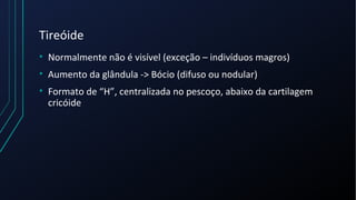 Tireóide
• Normalmente não é visível (exceção – indivíduos magros)
• Aumento da glândula -> Bócio (difuso ou nodular)
• Formato de “H”, centralizada no pescoço, abaixo da cartilagem
cricóide
 