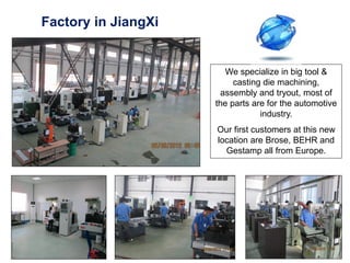 Factory in JiangXi


                        We specialize in big tool &
                          casting die machining,
                      assembly and tryout, most of
                     the parts are for the automotive
                                 industry.
                     Our first customers at this new
                     location are Brose, BEHR and
                       Gestamp all from Europe.
 