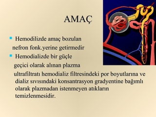 AMAÇ
 Hemodilizde amaç bozulan
 nefron fonk.yerine getirmedir
 Hemodializde bir güçle

  geçici olarak alınan plazma
  ultrafiltratı hemodializ filtresindeki por boyutlarına ve
  dializ sıvısındaki konsantrasyon gradyentine bağımlı
  olarak plazmadan istenmeyen atıkların
  temizlenmesidir.
 