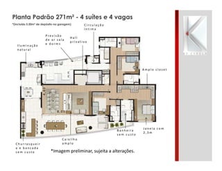 Planta Padrão 271m² - 4 suítes e 4 vagas
*(incluído 5.50m² de depósito na garagem)
*Imagem preliminar, sujeita a alterações.
I l u m i n a ç ã o
n a t u r a l
C h u r r a s q u e i r
a e b a n c a d a
s e m c u s t o
A m p l o c l o s e t
H a l l
p r i v a t i v o
J a n e l a c o m
2 , 3 m
C i r c u l a ç ã o
í n t i m a
B a n h e i r a
s e m c u s t o
P r e v i s ã o
d e a r s a l a
e d o r m s
C a i x i l h o
a m p l o
8 , 0 5
4,80
 