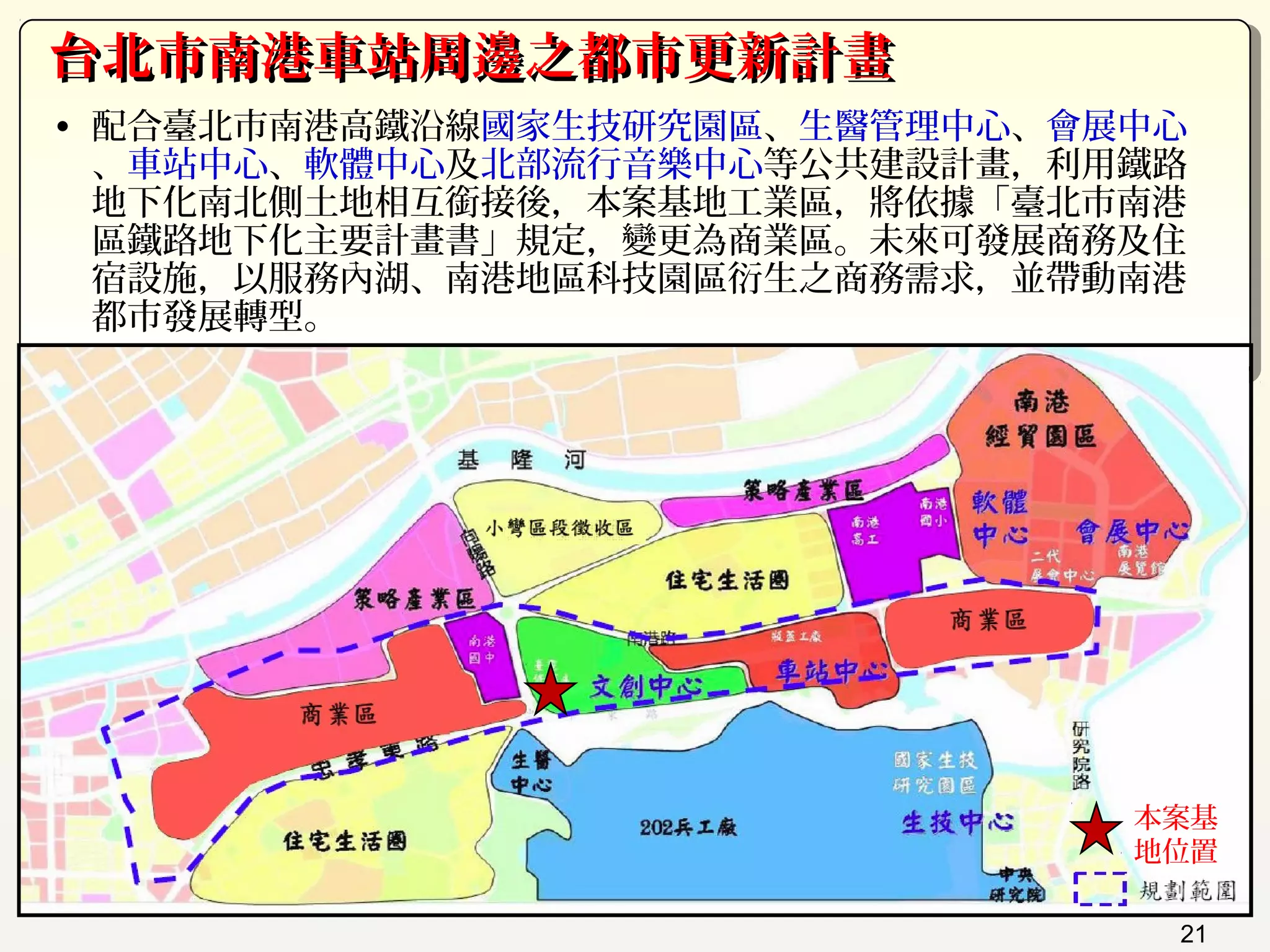21
台北市南港車站周邊之都市更新計畫台北市南港車站周邊之都市更新計畫
• 配合臺北市南港高鐵沿線國家生技研究園區、生醫管理中心、會展中心
、車站中心、軟體中心及北部流行音樂中心等公共建設計畫，利用鐵路
地下化南北側土地相互銜接後，本案基地工業區，將依據「臺北市南港
區鐵路地下化主要計畫書」規定，變更為商業區。未來可發展商務及住
宿設施，以服務內湖、南港地區科技園區衍生之商務需求，並帶動南港
都市發展轉型。
本案基
地位置
21
 
