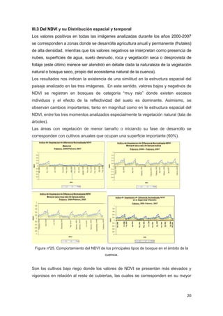 20
III.3 Del NDVI y su Distribución espacial y temporal
Los valores positivos en todas las imágenes analizadas durante los años 2000-2007
se corresponden a zonas donde se desarrolla agricultura anual y permanente (frutales)
de alta densidad, mientras que los valores negativos se interpretan como presencia de
nubes, superficies de agua, suelo desnudo, roca y vegetación seca o desprovista de
follaje (este último merece ser atendido en detalle dada la naturaleza de la vegetación
natural o bosque seco, propio del ecosistema natural de la cuenca).
Los resultados nos indican la existencia de una similitud en la estructura espacial del
paisaje analizado en las tres imágenes. En este sentido, valores bajos y negativos de
NDVI se registran en bosques de categoría “muy ralo” donde existen escasos
individuos y el efecto de la reflectividad del suelo es dominante. Asimismo, se
observan cambios importantes, tanto en magnitud como en la estructura espacial del
NDVI, entre los tres momentos analizados especialmente la vegetación natural (tala de
árboles).
Las áreas con vegetación de menor tamaño o iniciando su fase de desarrollo se
corresponden con cultivos anuales que ocupan una superficie importante (60%).
Figura nº25. Comportamiento del NDVI de los principales tipos de bosque en el ámbito de la
cuenca.
Son los cultivos bajo riego donde los valores de NDVI se presentan más elevados y
vigorosos en relación al resto de cubiertas, las cuales se corresponden en su mayor
 