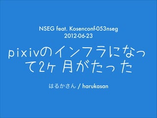NSEG feat. Kosenconf-053nseg
2012-06-23

pixivのインフラになっ
て2ヶ月がたった
はるかさん / harukasan

 