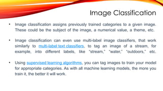 Image Classification
• Image classification assigns previously trained categories to a given image.
These could be the subject of the image, a numerical value, a theme, etc.
• Image classification can even use multi-label image classifiers, that work
similarly to multi-label text classifiers, to tag an image of a stream, for
example, into different labels, like “stream,” “water,” “outdoors,” etc.
• Using supervised learning algorithms, you can tag images to train your model
for appropriate categories. As with all machine learning models, the more you
train it, the better it will work.
 