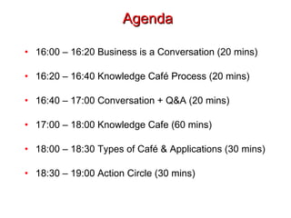 Agenda 16:00 – 16:20 Business is a Conversation (20 mins) 16:20 – 16:40 Knowledge Café Process (20 mins) 16:40 – 17:00 Conversation + Q&A (20 mins) 17:00 – 18:00 Knowledge Cafe (60 mins) 18:00 – 18:30  Types of Café & Applications (30 mins) 18:30 – 19:00 Action Circle (30 mins) 
