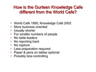 How is the Gurteen Knowledge Cafe different from the World Cafe? World Café 1995; Knowledge Café 2002 More business oriented Usually shorter For smaller numbers of people No table leaders No reporting back No capture Less preparation required Paper & pens on tables optional Possibly less controlling 