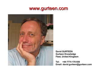 www.gurteen.com David GURTEEN  Gurteen Knowledge  Fleet, United Kingdom  Tel:  +44 7774 178 650  Email: david.gurteen@gurteen.com 