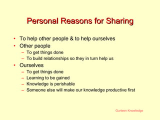 Personal Reasons for Sharing To help other people & to help ourselves Other people To get things done To build relationships so they in turn help us Ourselves To get things done Learning to be gained Knowledge is perishable Someone else will make our knowledge productive first 
