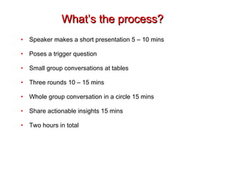 What’s the process? Speaker makes a short presentation 5 – 10 mins Poses a trigger question Small group conversations at tables Three rounds 10 – 15 mins Whole group conversation in a circle 15 mins Share actionable insights 15 mins Two hours in total 