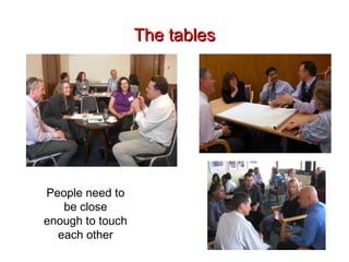 The tables People need to be close enough to touch each other 