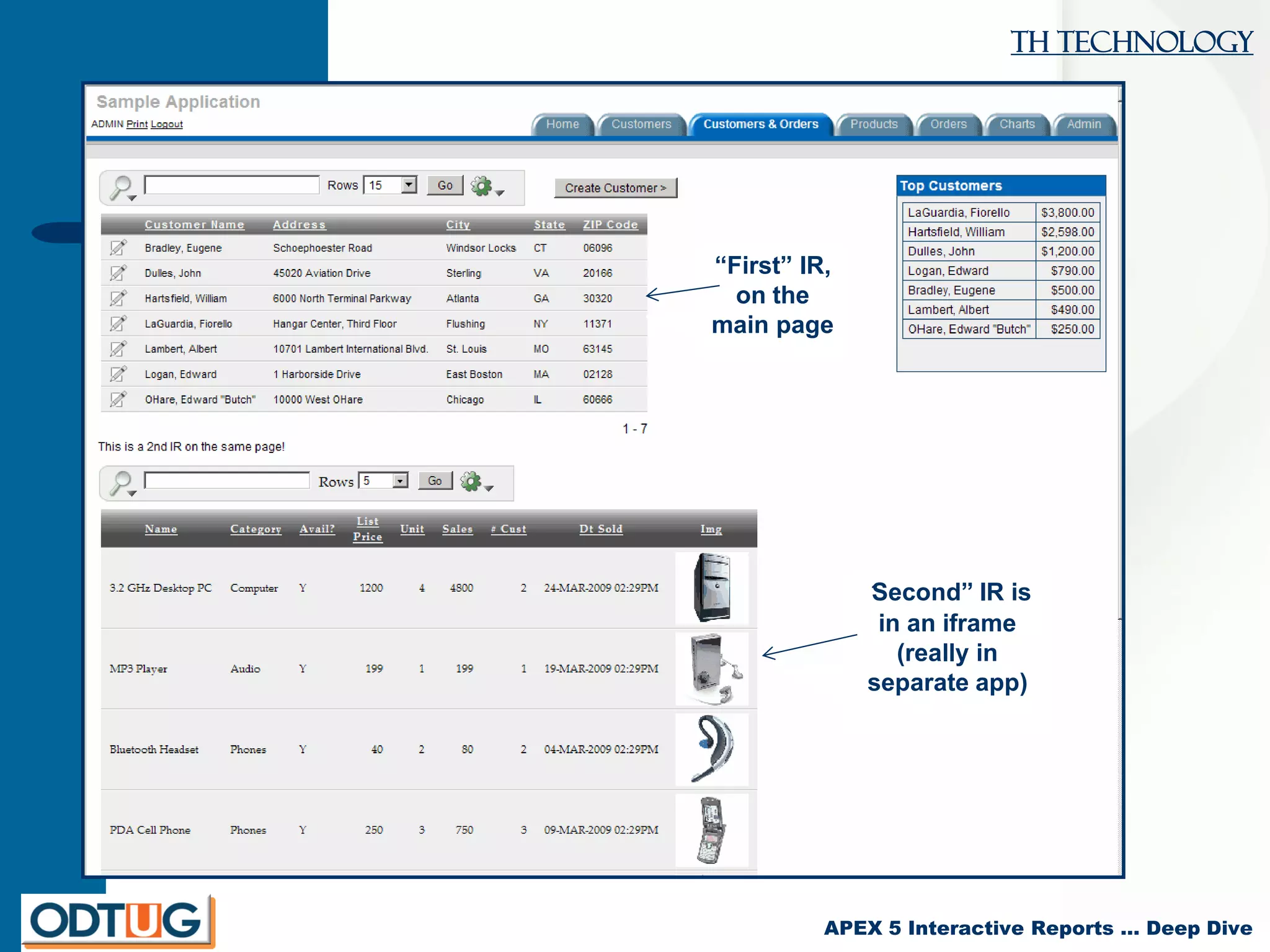 TH Technology
APEX 5 Interactive Reports … Deep Dive
NN
“First” IR,
on the
main page
“Second” IR is
in an iframe
(really in
separate app)
 