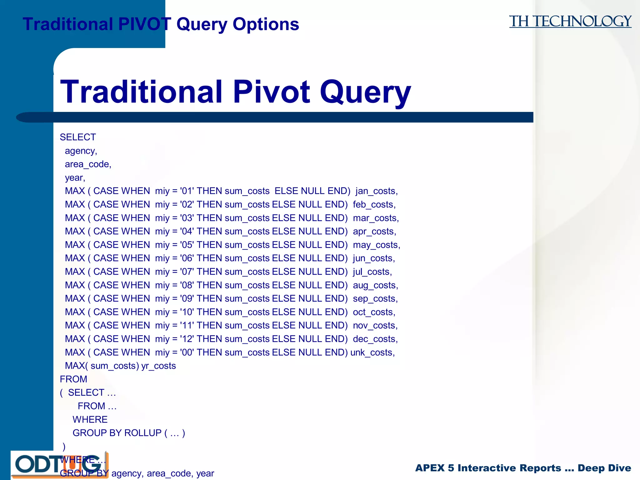 TH Technology
APEX 5 Interactive Reports … Deep Dive
Traditional Pivot Query
SELECT
agency,
area_code,
year,
MAX ( CASE WHEN miy = '01' THEN sum_costs ELSE NULL END) jan_costs,
MAX ( CASE WHEN miy = '02' THEN sum_costs ELSE NULL END) feb_costs,
MAX ( CASE WHEN miy = '03' THEN sum_costs ELSE NULL END) mar_costs,
MAX ( CASE WHEN miy = '04' THEN sum_costs ELSE NULL END) apr_costs,
MAX ( CASE WHEN miy = '05' THEN sum_costs ELSE NULL END) may_costs,
MAX ( CASE WHEN miy = '06' THEN sum_costs ELSE NULL END) jun_costs,
MAX ( CASE WHEN miy = '07' THEN sum_costs ELSE NULL END) jul_costs,
MAX ( CASE WHEN miy = '08' THEN sum_costs ELSE NULL END) aug_costs,
MAX ( CASE WHEN miy = '09' THEN sum_costs ELSE NULL END) sep_costs,
MAX ( CASE WHEN miy = '10' THEN sum_costs ELSE NULL END) oct_costs,
MAX ( CASE WHEN miy = '11' THEN sum_costs ELSE NULL END) nov_costs,
MAX ( CASE WHEN miy = '12' THEN sum_costs ELSE NULL END) dec_costs,
MAX ( CASE WHEN miy = '00' THEN sum_costs ELSE NULL END) unk_costs,
MAX( sum_costs) yr_costs
FROM
( SELECT …
FROM …
WHERE
GROUP BY ROLLUP ( … )
)
WHERE …
GROUP BY agency, area_code, year
Traditional PIVOT Query Options
 
