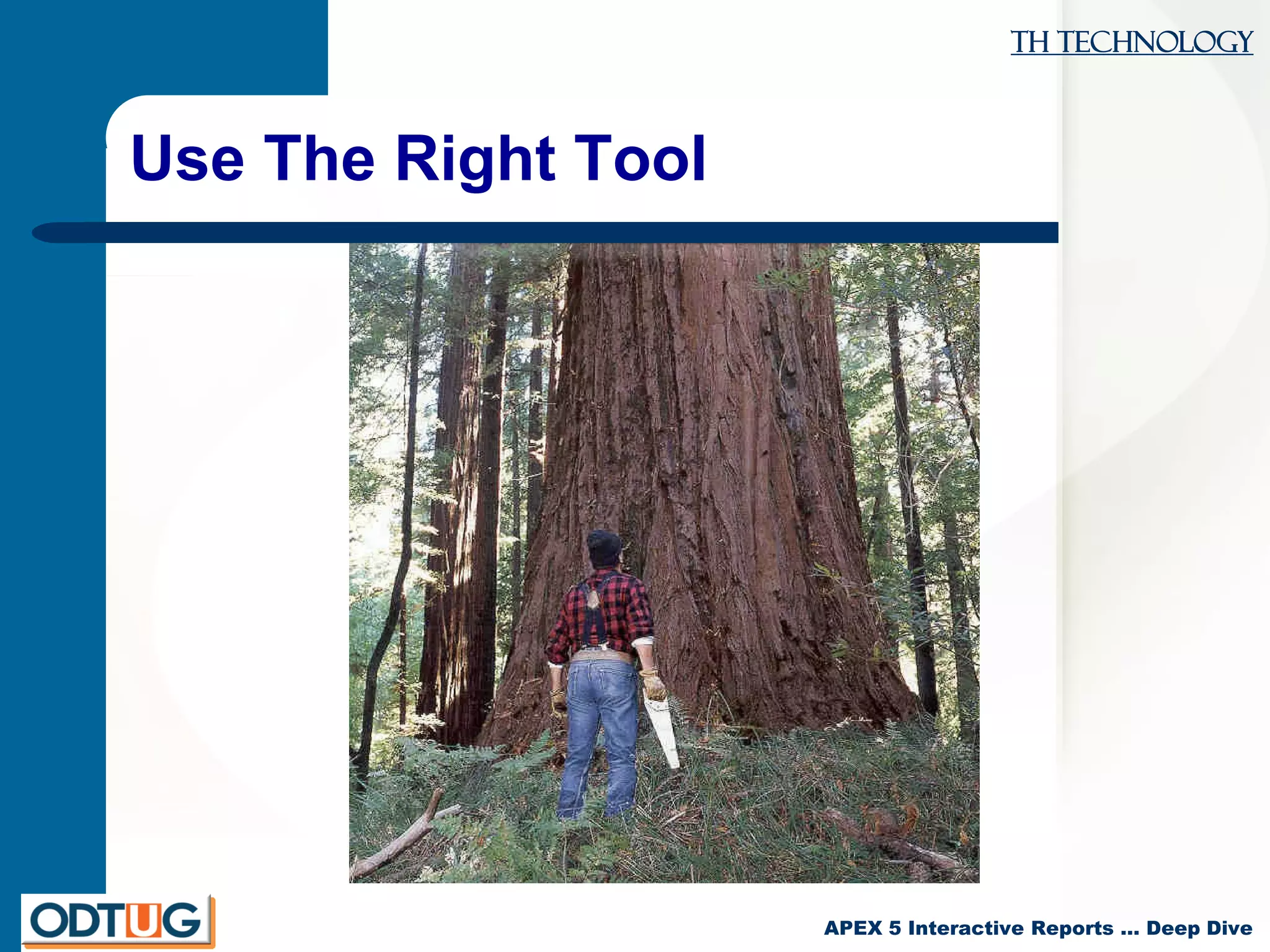 TH Technology
APEX 5 Interactive Reports … Deep Dive
Use The Right Tool
 