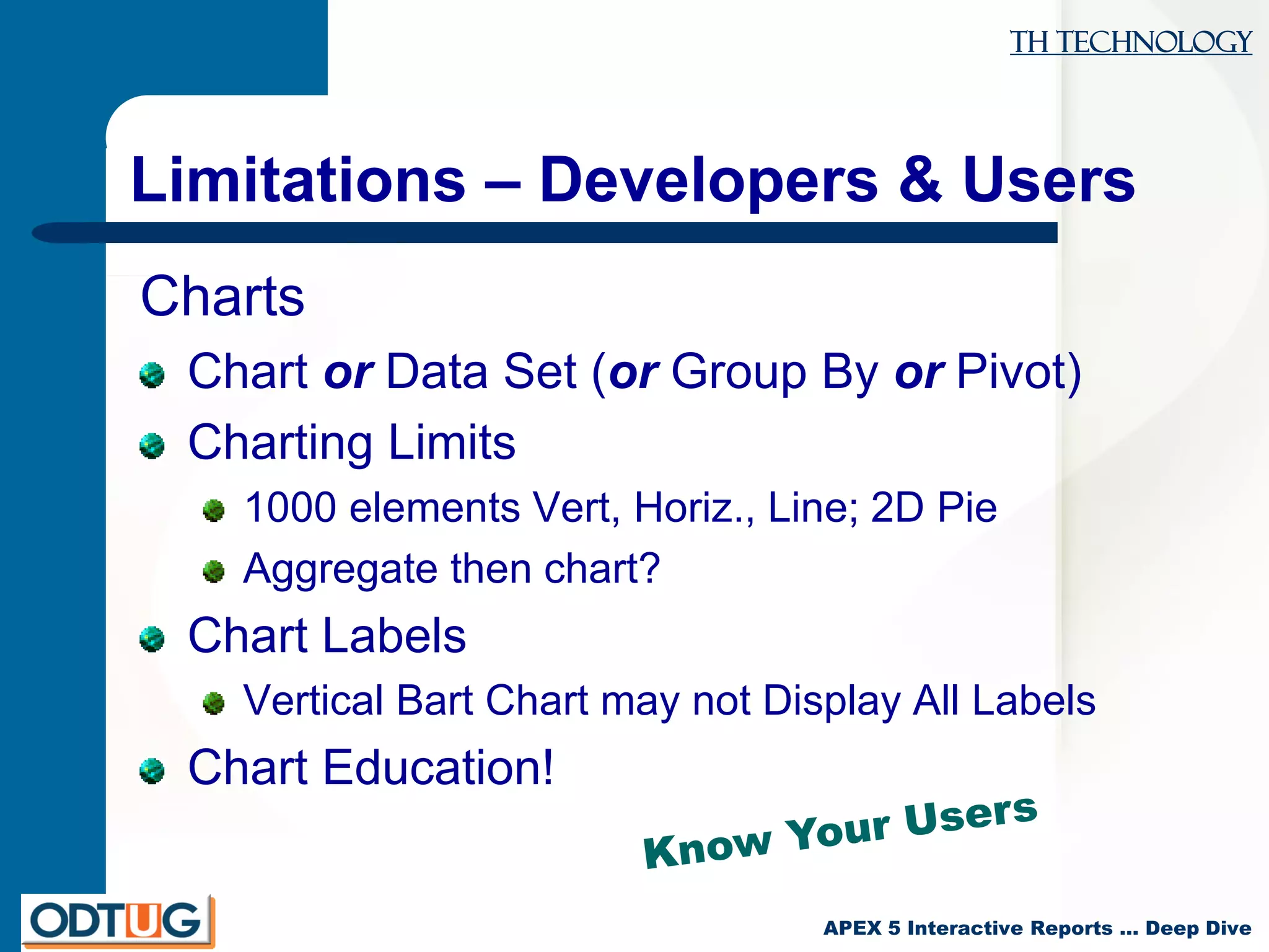 TH Technology
APEX 5 Interactive Reports … Deep Dive
Limitations – Developers & Users
Charts
Chart or Data Set (or Group By or Pivot)
Charting Limits
1000 elements Vert, Horiz., Line; 2D Pie
Aggregate then chart?
Chart Labels
Vertical Bart Chart may not Display All Labels
Chart Education!
 