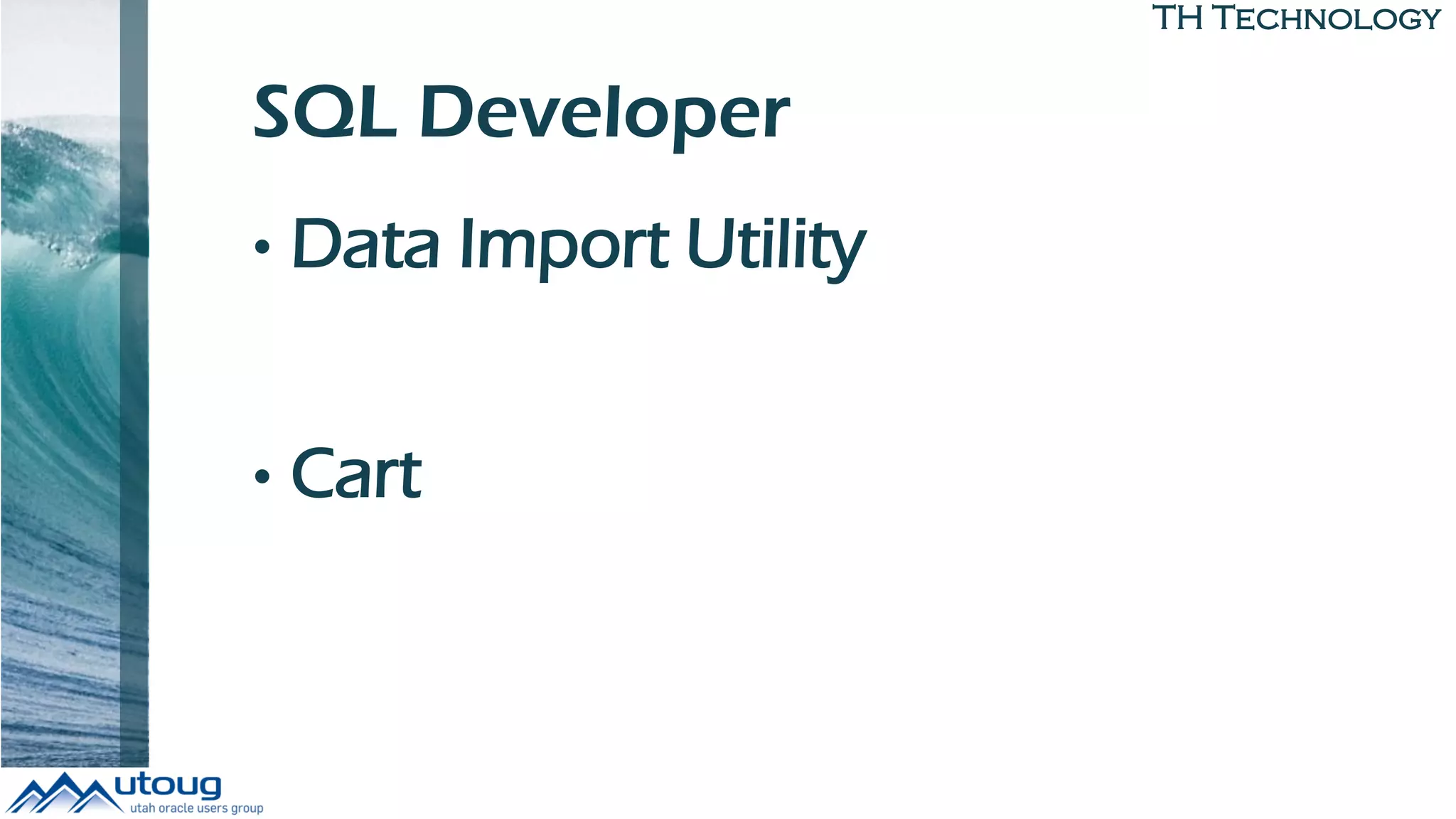 TH Technology
SQL Developer
• Data Import Utility
• Cart
 