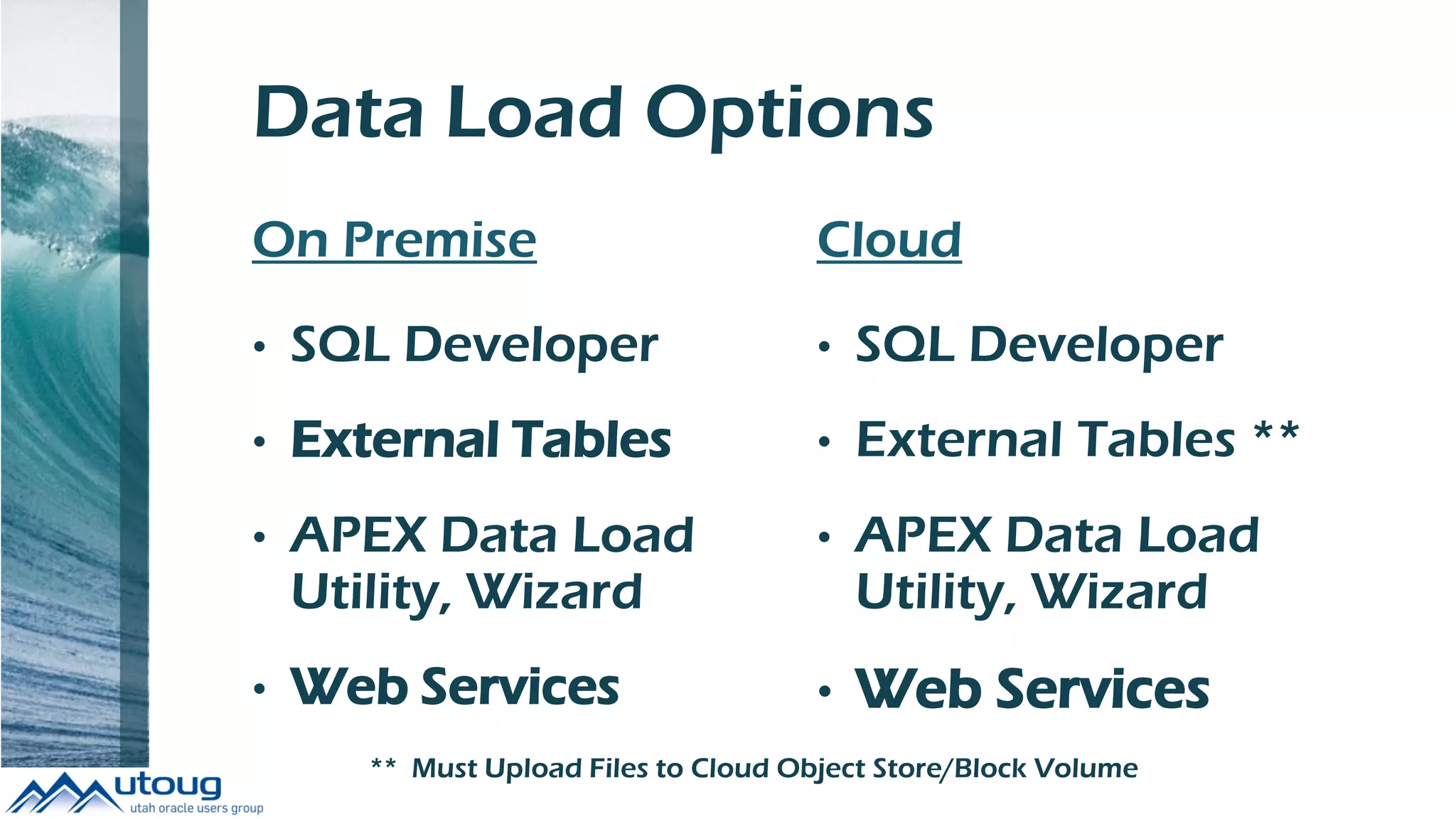 Data Load Options
On Premise
• SQL Developer
• External Tables
• APEX Data Load
Utility, Wizard
• Web Services
Cloud
• SQL Developer
• External Tables **
• APEX Data Load
Utility, Wizard
• Web Services
** Must Upload Files to Cloud Object Store/Block Volume
 
