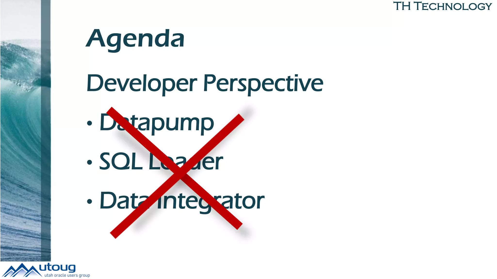 TH Technology
Agenda
Developer Perspective
• Datapump
• SQL Loader
• Data Integrator
 