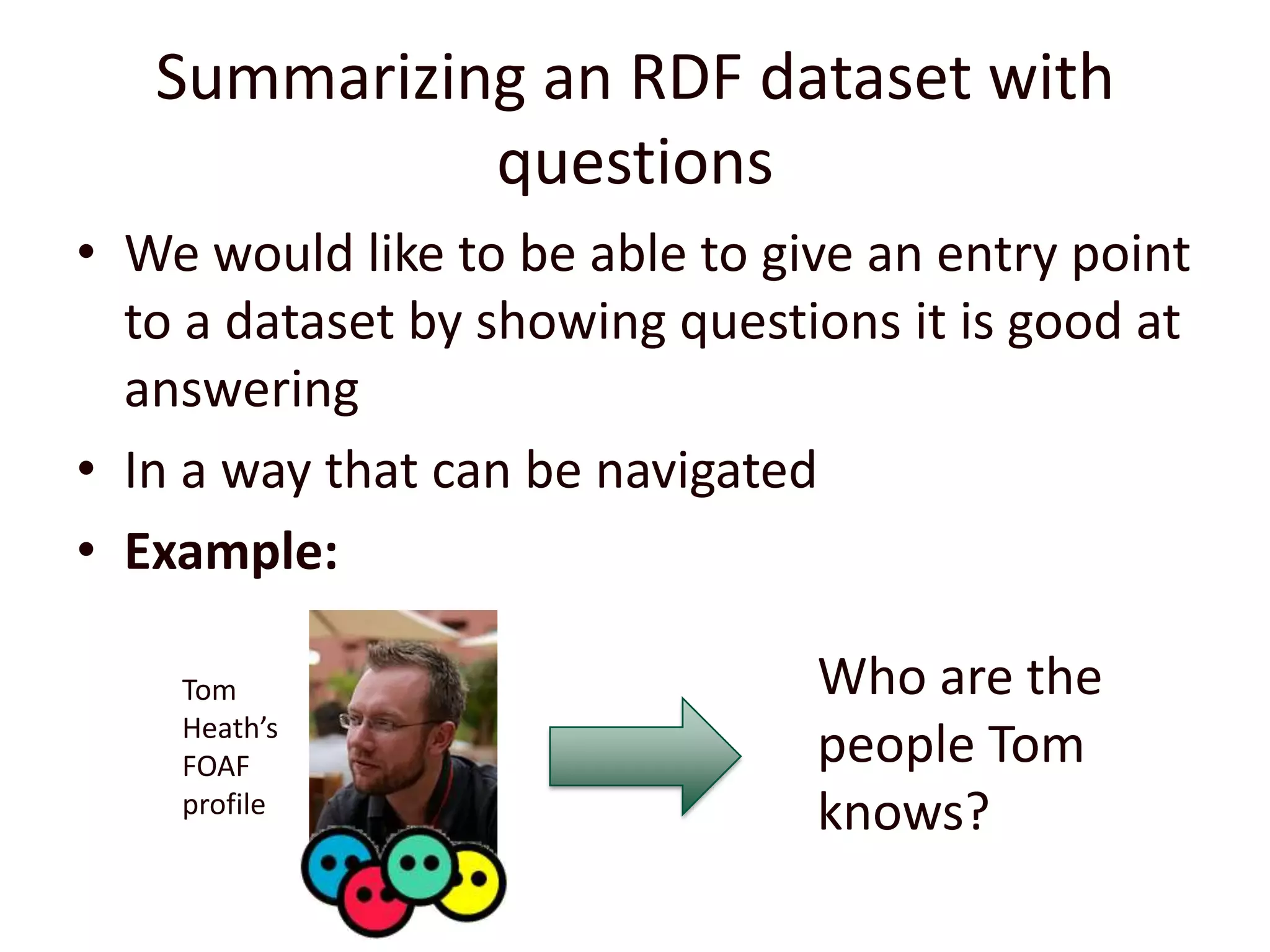 Summarizing an RDF dataset with questions We would like to be able to give an entry point to a dataset by showing questions it is good at answeringIn a way that can be navigatedExample:Who are the people Tom knows?Tom Heath’s FOAF profile