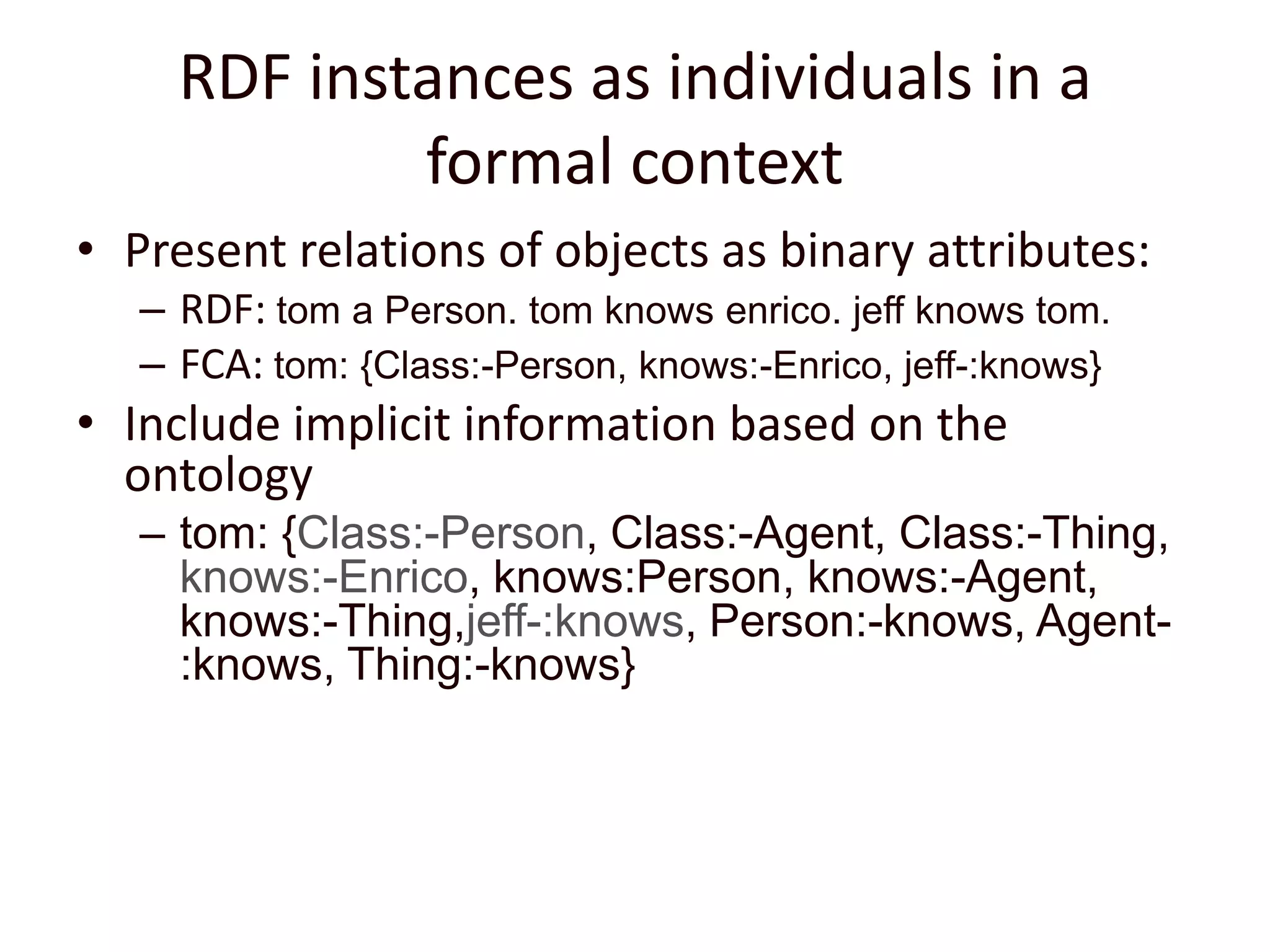 RDF instances as individuals in a formal contextPresent relations of objects as binary attributes:RDF: tom a Person. tom knows enrico. jeff knows tom.FCA: tom: {Class:-Person, knows:-Enrico, jeff-:knows}Include implicit information based on the ontologytom: {Class:-Person, Class:-Agent, Class:-Thing, knows:-Enrico, knows:Person, knows:-Agent, knows:-Thing,jeff-:knows, Person:-knows, Agent-:knows, Thing:-knows}