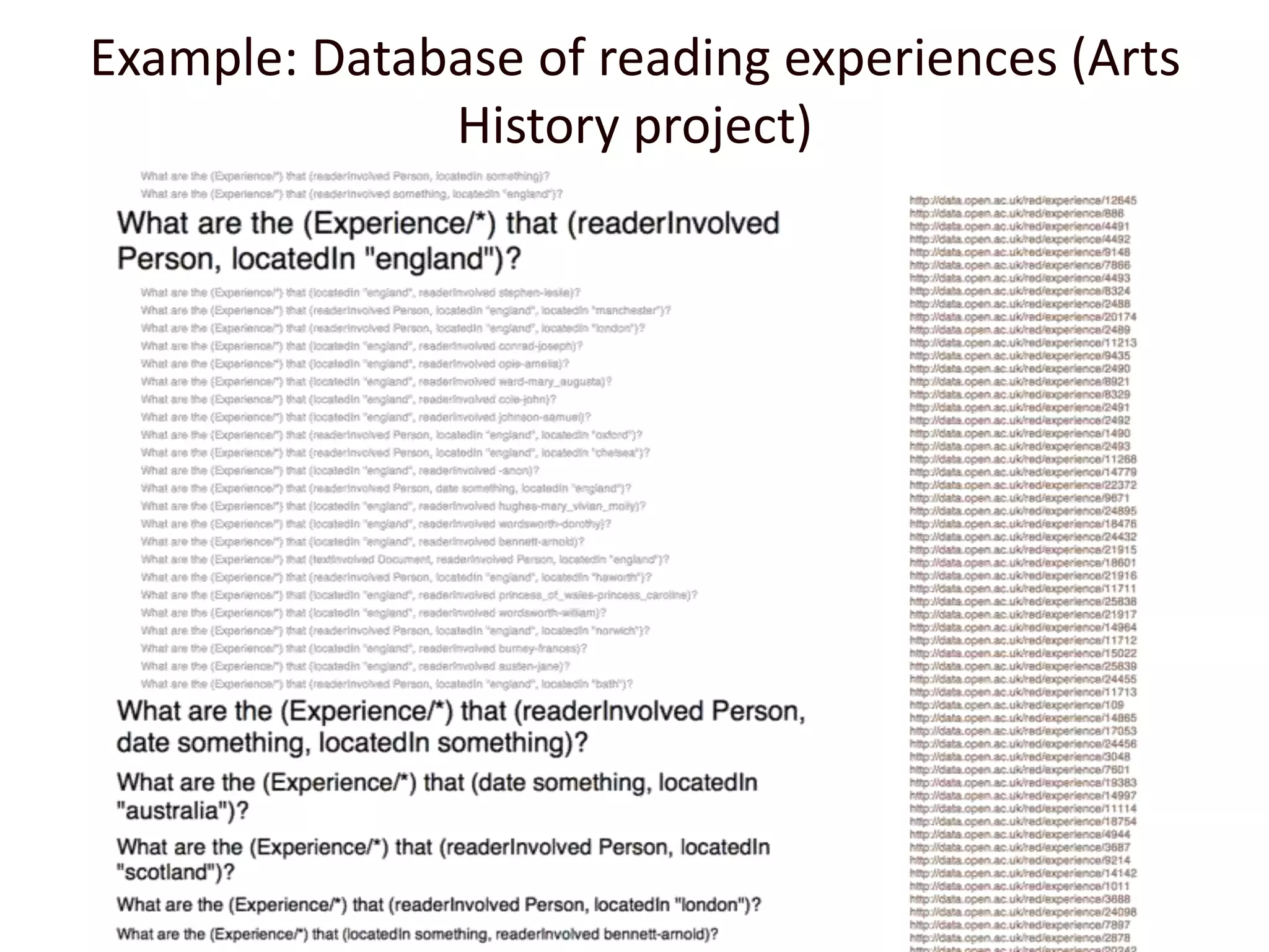 Example: Database of reading experiences (Arts History project)