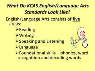 What Do KCAS English/Language Arts
       Standards Look Like?
English/Language Arts consists of five
 areas:
     Reading
     Writing
     Speaking and Listening
     Language
     Foundational skills – phonics, word
      recognition and decoding words
 