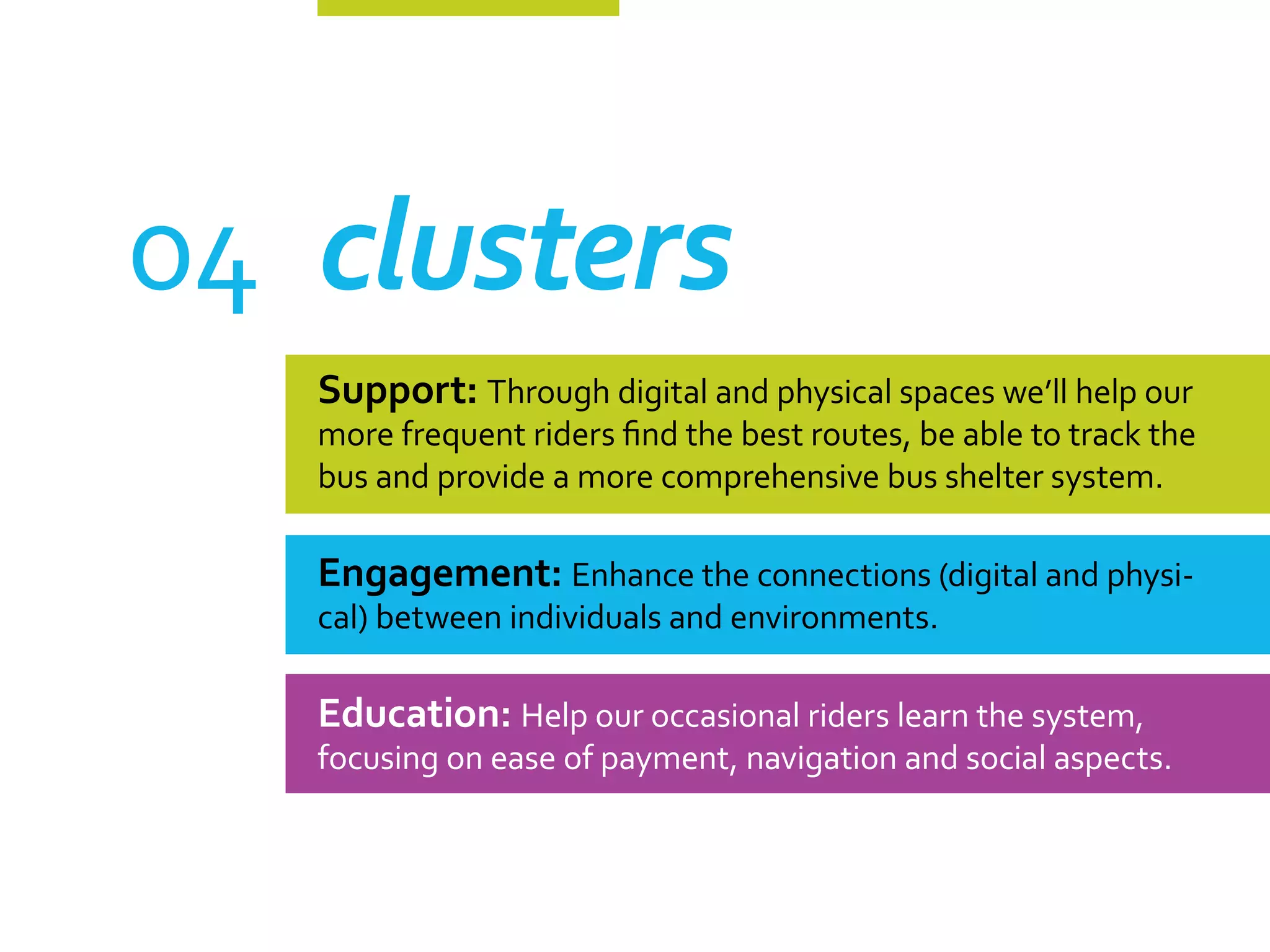 04	clusters
   Support: Through digital and physical spaces we’ll help our
   more frequent riders find the best routes, be able to track the
   bus and provide a more comprehensive bus shelter system.

   Engagement: Enhance the connections (digital and physi-
   cal) between individuals and environments.

   Education: Help our occasional riders learn the system,
   focusing on ease of payment, navigation and social aspects.
 