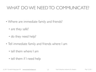 WHAT DO WE NEED TO COMMUNICATE?

     •   Where are immediate family and friends?

          •   are they safe?

          •   do they need help?

     •   Tell immediate family and friends where I am

          •   tell them where I am

          •   tell them if I need help


(c) 2011 Eurotechnology Japan KK   www.eurotechnology.com   17   Fasol: Ubiquitous networks for disasters   May 12, 2011
 
