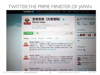 TWITTER: THE PRIME MINISTER OF JAPAN




(c) 2011 Eurotechnology Japan KK   www.eurotechnology.com   20   Fasol: Ubiquitous networks for disasters   May 12, 2011
 