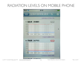 RADIATION LEVELS ON MOBILE PHONE




(c) 2011 Eurotechnology Japan KK   www.eurotechnology.com   8   Fasol: Ubiquitous networks for disasters   May 12, 2011
 