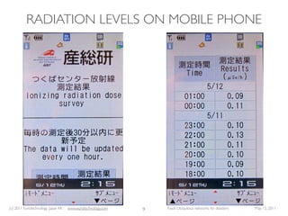 RADIATION LEVELS ON MOBILE PHONE




(c) 2011 Eurotechnology Japan KK   www.eurotechnology.com   9   Fasol: Ubiquitous networks for disasters   May 12, 2011
 