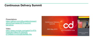 Continuous Delivery Summit
Presentations:
https://github.com/cdfoundation/present
ations/tree/master/2019-summit-
barcelona
Video:
https://www.youtube.com/watch?v=P7h
FpbAJNVY&list=PL2KXbZ9-
EY9RB8bVvmiSOqB39eNMs-fAe
 