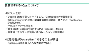 突然ですがGitOpsについて
• GitOps とは
• Desired Stateを全てコードとして、Git Repositoryで管理する
• Git Repository上の状態と実環境の状態は常に一致させる（Continuous
Deployment）
•そのためのツールは必要
• 変更はGit Repositoryに対するPull Request → Merge
• 実環境上でコマンドを叩くオペレーションは原則禁止
• 状態定義がDeclarativeにできることが前提
• Kubernetesに最適（みんな大好きYAML）
15
 