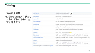 Catalog
• Taskの見本帳
• Knative-buildプロジェク
トもいずれこちらに統
合されるかも
25
 