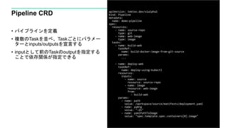 Pipeline CRD
• パイプラインを定義
• 複数のTaskを並べ、Taskごとにパラメー
ターとinputs/outputsを宣言する
• inputとして前のTaskのoutputを指定する
ことで依存関係が指定できる
27
apiVersion: tekton.dev/v1alpha1
kind: Pipeline
metadata:
name: demo-pipeline
spec:
resources:
- name: source-repo
type: git
- name: web-image
type: image
tasks:
- name: build-web
taskRef:
name: build-docker-image-from-git-source
params:
...
- name: deploy-web
taskRef:
name: deploy-using-kubectl
resources:
inputs:
- name: source
resource: source-repo
- name: image
resource: web-image
from:
- build-web
params:
- name: path
value: /workspace/source/manifests/deployment.yaml
- name: yqArg
value: "-d1"
- name: yamlPathToImage
value: "spec.template.spec.containers[0].image"
 