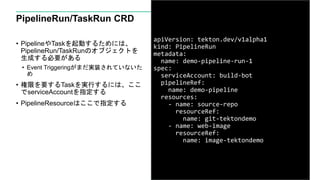 PipelineRun/TaskRun CRD
• PipelineやTaskを起動するためには、
PipelineRun/TaskRunのオブジェクトを
生成する必要がある
• Event Triggeringがまだ実装されていないた
め
• 権限を要するTaskを実行するには、ここ
でserviceAccountを指定する
• PipelineResourceはここで指定する
28
apiVersion: tekton.dev/v1alpha1
kind: PipelineRun
metadata:
name: demo-pipeline-run-1
spec:
serviceAccount: build-bot
pipelineRef:
name: demo-pipeline
resources:
- name: source-repo
resourceRef:
name: git-tektondemo
- name: web-image
resourceRef:
name: image-tektondemo
 