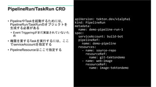 PipelineRun/TaskRun CRD
• PipelineやTaskを起動するためには、
PipelineRun/TaskRunのオブジェクトを
生成する必要がある
• Event Triggeringがまだ実装されていないた
め
•...