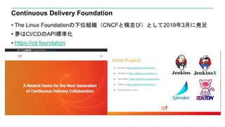 Continuous Delivery Foundation
• The Linux Foundationの下位組織（CNCFと横並び）として2019年3月に発足
• 夢はCI/CDのAPI標準化
• https://cd.foundation
 